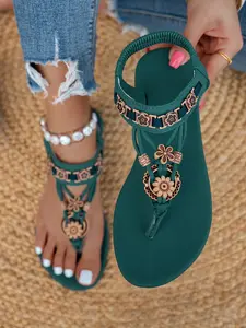 Women's Fashionable Gladiator Sandals, Boho Style Rhinestone Decorated Sandals for Beach Vacation, Casual Versatile Slingback Sandals for Summer, Footwear