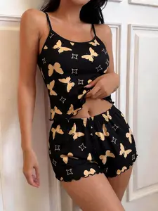 Summer Women's Pajama Set 2-Piece, Sleeveless Cartoon Pattern, Fitted Casual Sleepwear Loungewear, Cute Butterfly Design, Wearable at Home