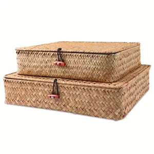 2pcs Boho Seagrass Wicker Storage Bins with Lids, Natural Flat Woven Basket Boxes, Multipurpose Home Organizer for Shelf, Caramel Lidded Seagrass Bins for Storage, Shelf Baskets