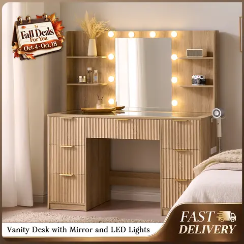 AMERLIFE 36.2/45"/47.2 Fluted Vanity Desk with Mirror and Adjustable LED Lights, Large 4/7 Drawers Makeup Table with Glass Top and Charging Station for Women and Girls, Bedroom or Dorm/Best Gift Ideas/Christmas Gifts[TikTokShopFallDealsForYou]