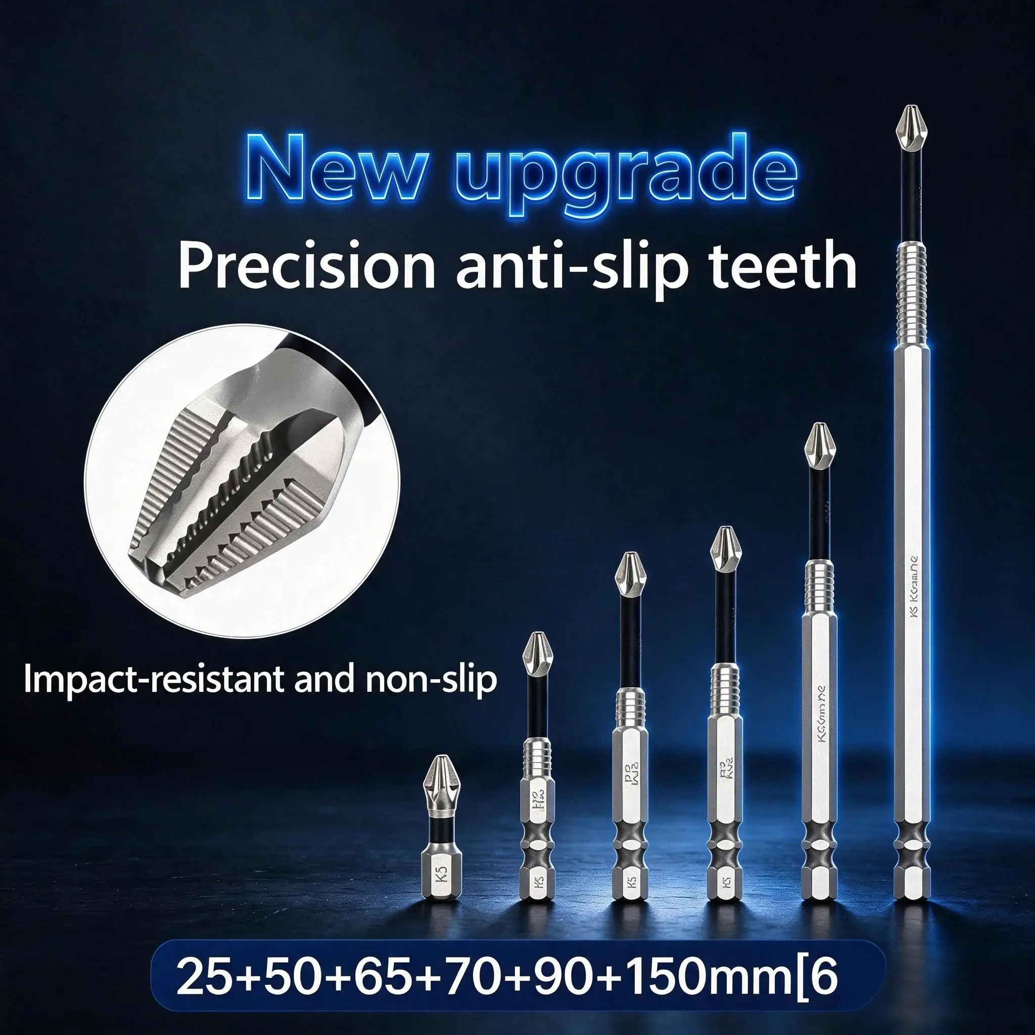 6-Pack Impact Rated Phillips #2 Screwdriver Bits, K5 Alloy Steel HRC62, Anti-Slip Teeth Design, Strong Magnetic, 6 Lengths 25-150mm