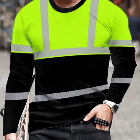 Men's Fashion Simple 3D Geometric Striped Print Round Neck Fitted Long Sleeve T-Shirt, Comfortable Breathable Versatile Outdoor Streetwear, Casual All Seasons Top