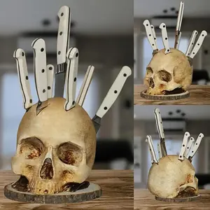 Resin Skull Knife Holder 15cm for Indoor and Outdoor Use, Unique Horror Themed Kitchen Accessories, Decorative Storage Organizer