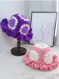 Unisex Sunflower Wood Lace Crochet Hollow Out Fisherman Hat, Spring Autumn Cute Wave Edge Color Block Knit Beanie Cap