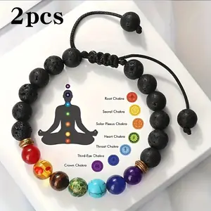 7 Chakra Healing Bracelet Adjustable, Stretchable Lava for Balancing, Meditation and Fashion Jewelry, Volcanic Rock, Men's Bracelets, Gifts for Couples Beaded