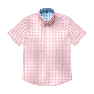 Men's Pink Plaid Short-Sleeve Button-Down Shirt, Casual Breathable Cotton Blend, Point Collar with Contrast Blue Lining, Regular Fit, Perfect for Daily Wear, Office, Weekend Outings & All-Day Comfort