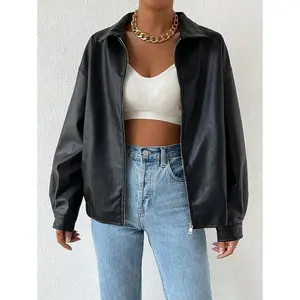 Off shoulder zipper short leather jacket, casual long sleeved