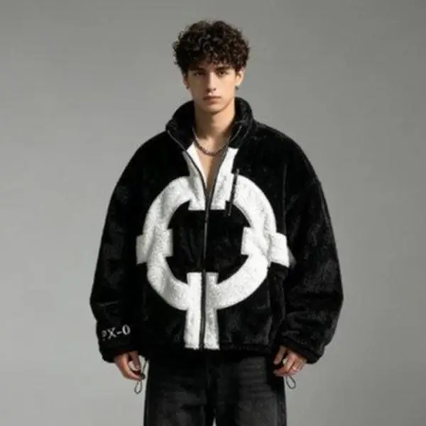 Unisex Oversized Sherpa Zip-Up Fleece Jacket, Bartholomew Kuma PX-0 Anime Inspired Faux Fur Streetwear Coat, Bold Cross Design Warm for Fall Winter Daily Cosplay Wear