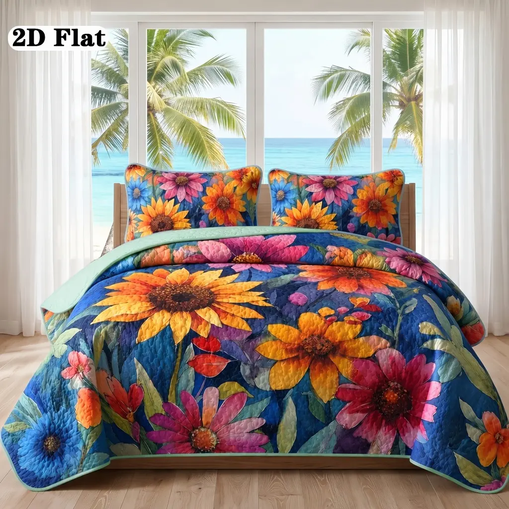 2D Flat 2/3pcs Blue Background Sunflower Floral Bedspread Set (1pc Bedspread And 1/2pcs Pillowcases, Pillow Inserts Not Included) Soft Breathable All Seasons Usable Machine Washable Easy Care Ultra Soft Fabric King Queen Size