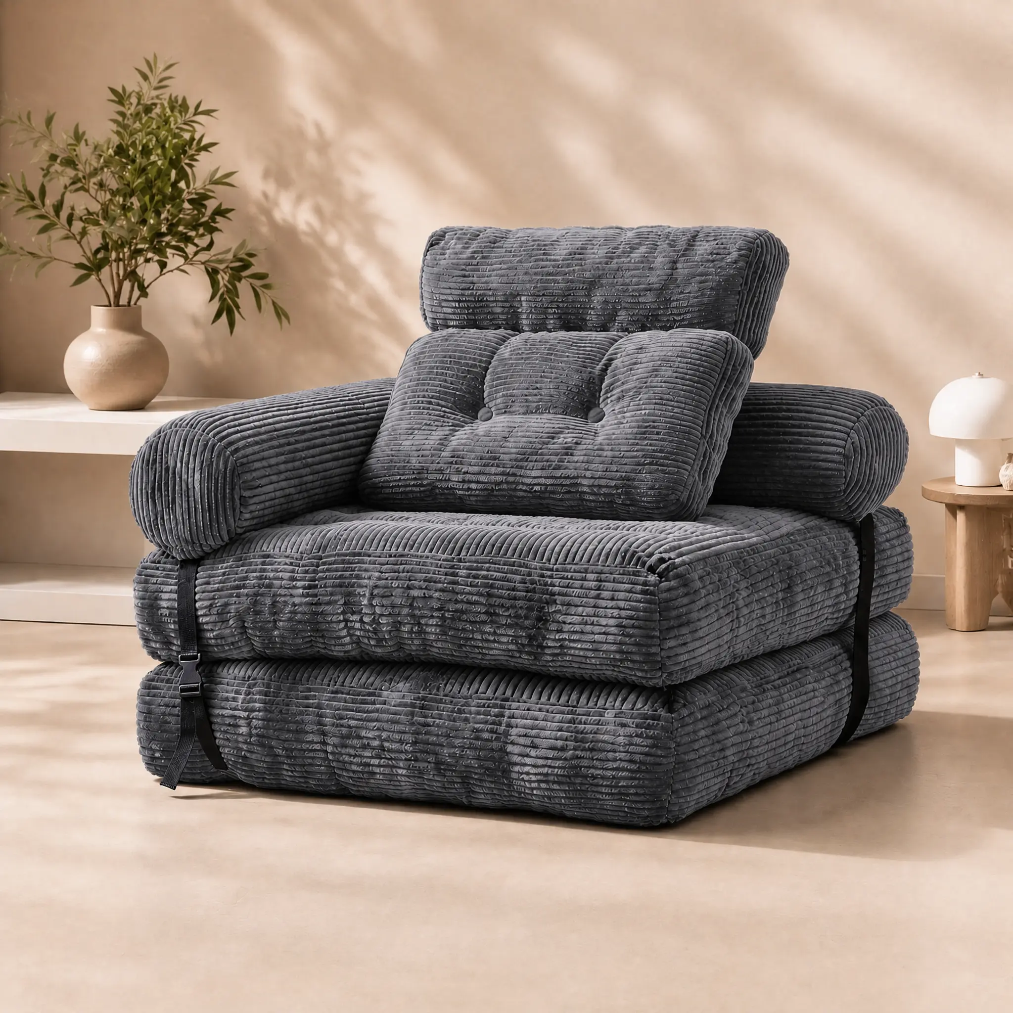 HYRORA TFK L-Shaped Folding Sofa Bed, Convertible Single Sleeper Chair with High-Density Support Foam, 2 Pillows, Armrest, Carry Handle & Back Support, Foldable Floor Lounge for Small Spaces Living Room Office, Grey couch
