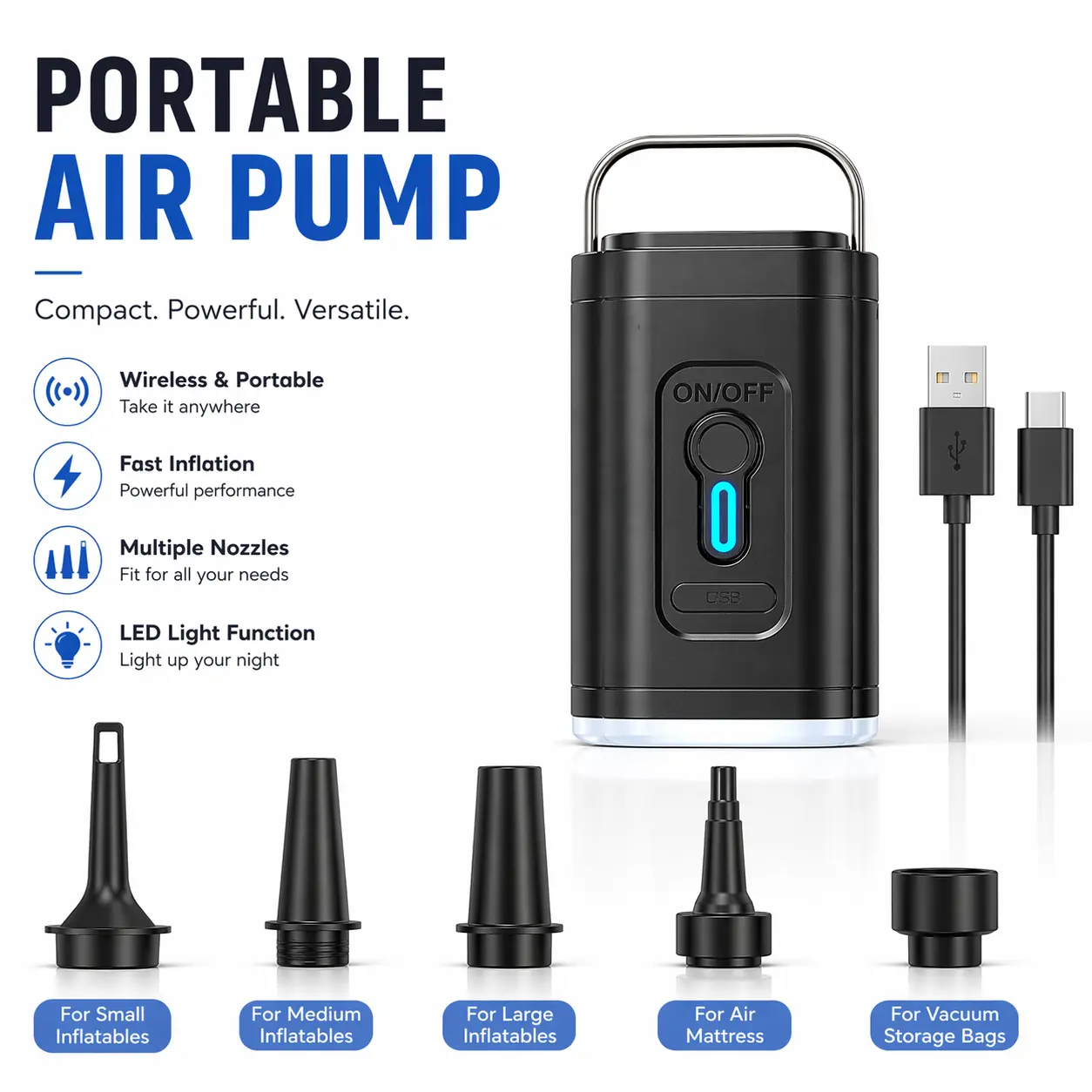 [Limited‑Time Sale]Outdoor Compact Mini Portable Air Pump with LED Light - 1200mAh, 5 Nozzles, Fast Inflate & Deflate, Ideal for Gear-Heavy Trips, Mattresses, Camping Sleeping Gear