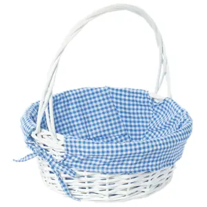 Vintiquewise QI003820BL.M Rustic Wicker Weave Round Gift Basket - 13x15 in. Medium, White, Stackable, Decorative Kitchen Bread Organiser with Blue Gingham Liner, Handle for Indoor/Outdoor Leisure Use, Bread Basket