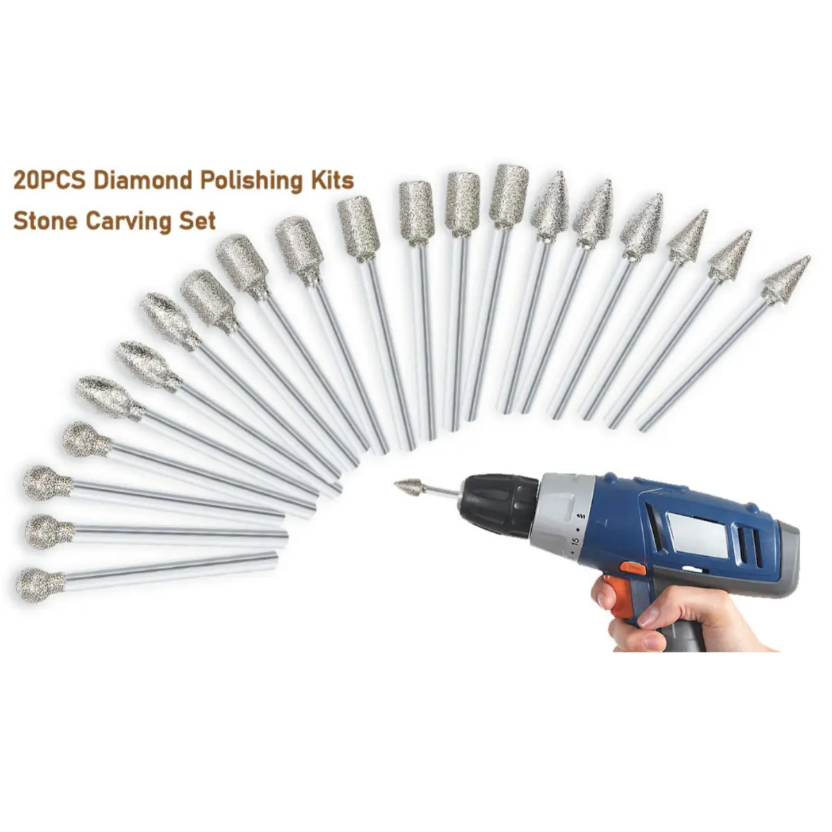 20Pcs Wear-Resistant Lapidary Diamond Burrs Set - 1/8in Shank Size High Speed Steel Power Tool Accessories with Diamond Particles, 6 Different Shapes and Sizes, for Jewelers' DIY Engraving, Grinding, Touch-Up, Wear-Resistance