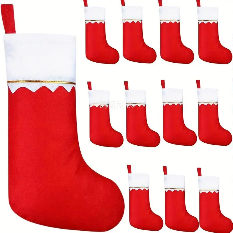 Kids' Festive Red Felt Stockings Set - 12pcs 15in Rustic Santa Claus & Reindeer Design Socks, Christmas Home Decor Accents, Holiday Decor, Children’s Size
