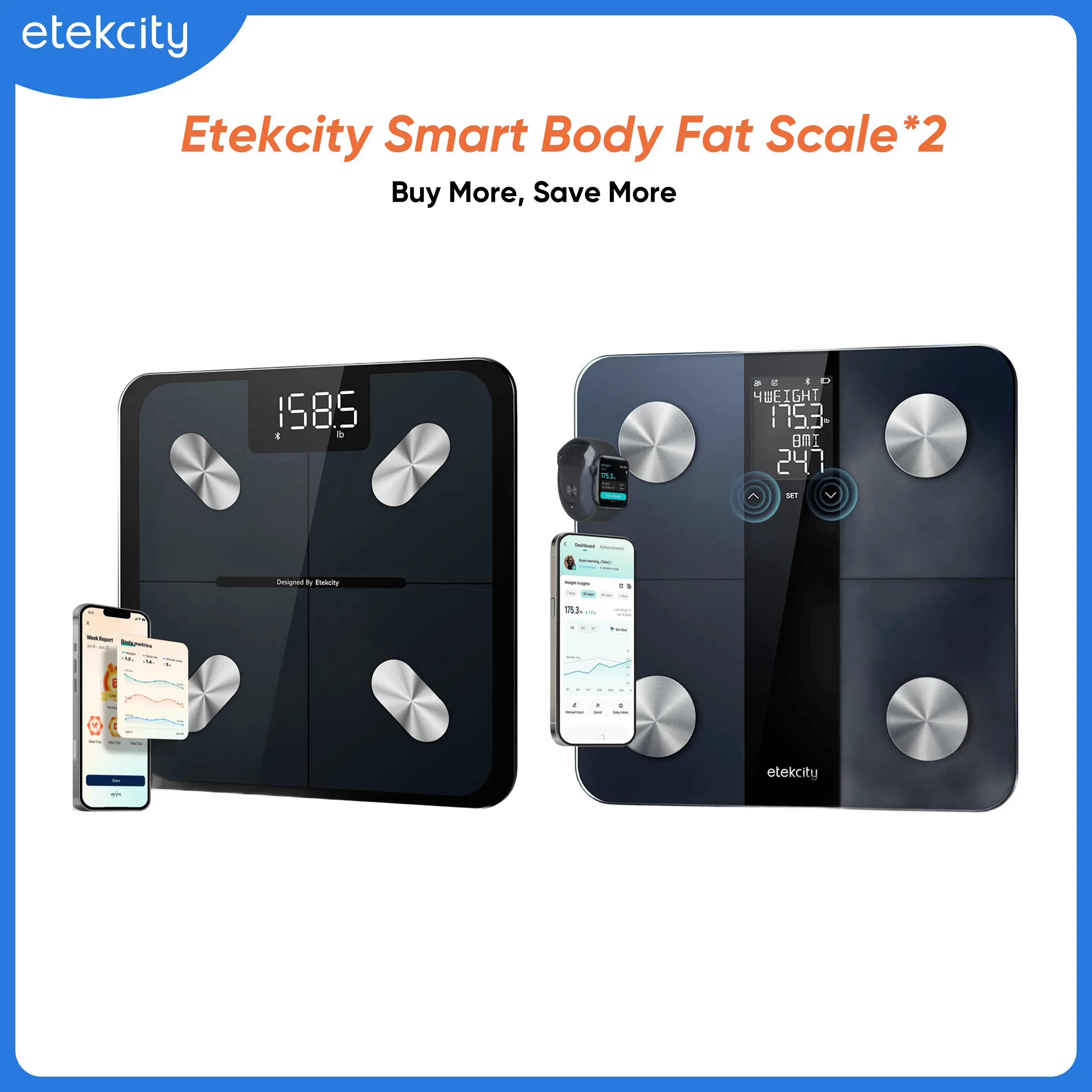 Etekcity Smart Body Composition Weighing Scale - Accurate Digital Precision Bathroom Scale with 1+1 Healthcare, High-Precision Biometric Data Tracking, Auto On/Off, TikTokShopHolidayHaul Deal, Body Composition Scale
