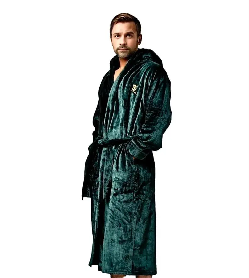 Hooded Dark Green Robe, super soft plush fleece spa robe, housecoat, luxury robe, gift idea, bathrobe, gift for him, gift for men