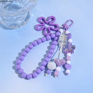 Trendy Purple Beaded Bag Charm - Elegant Large Flower Iridescent Heart Perfume Bottle Keychain, Soft Lightweight Adjustable Strap with Secure Clasp, Ideal for Backpack Phone Purse Daily Use & Camping Hiking Hammock Accessory