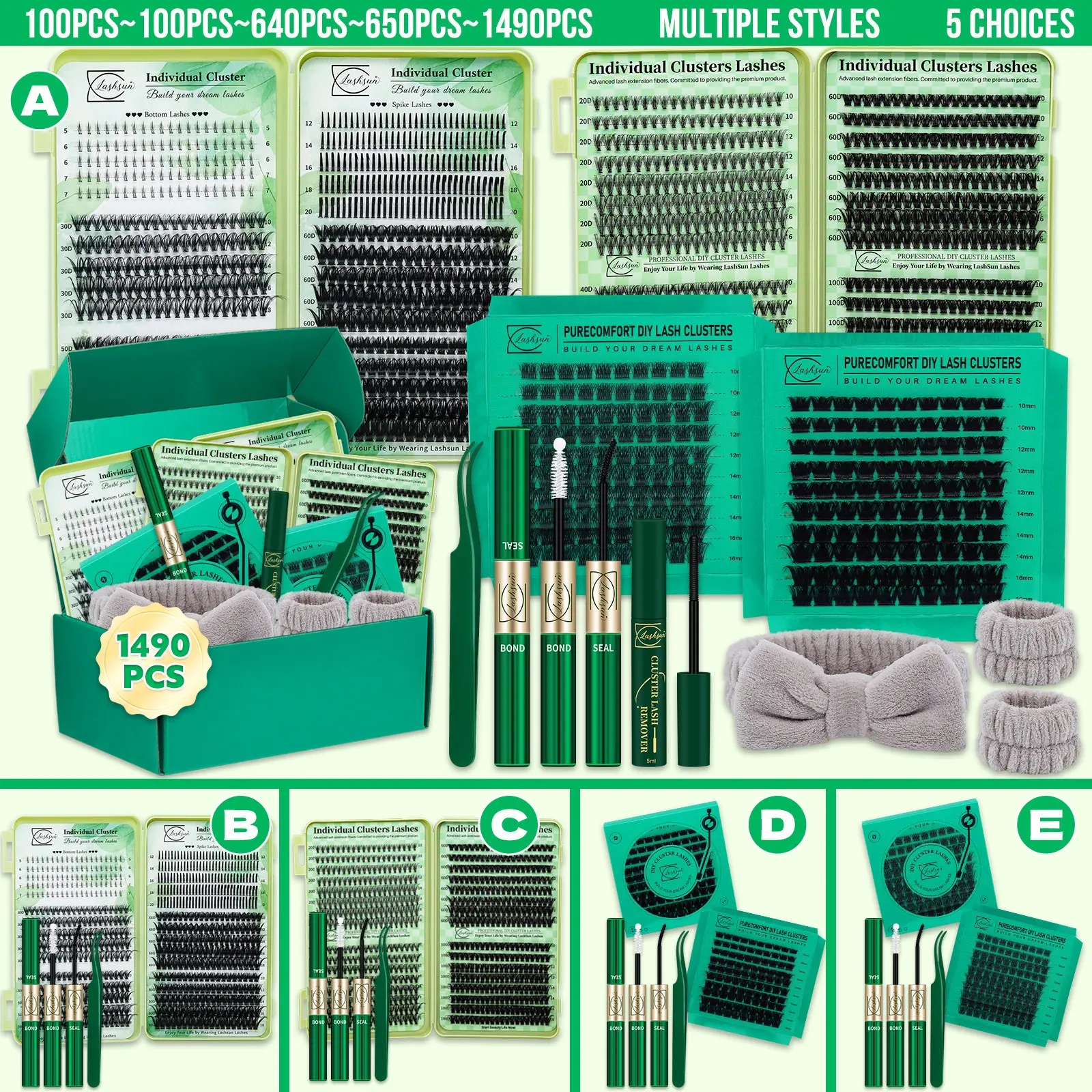 Lashsun 1490 PCS Lashes Clusters Set, Lash Cluster Eyelashes, Eyelash Extensions D Curl 11 Styles Bottom/Spike Lashes, Kit with Bond&Seal Remover Tweezers Headband&Wristband, For Beginners&Pro, DIY at Home, Easy Apply Daily