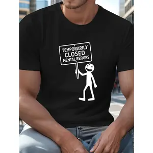 Plus Size Men's Polyester T-Shirt - Casual, Breathable, Short Sleeve Summer Tee with Geometric Print and Humorous "Temporarily Closed" Graphic for Adults