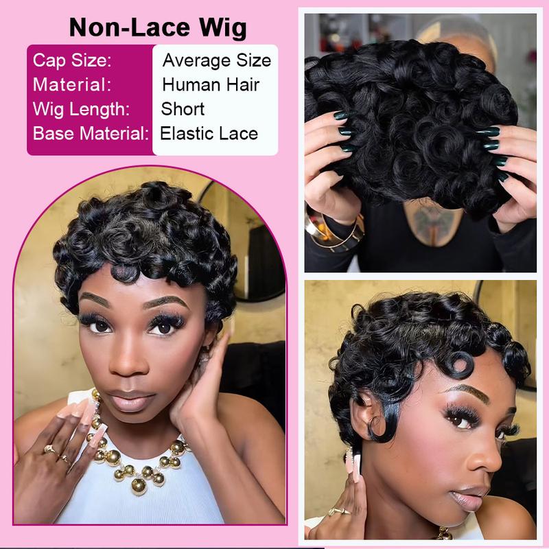 ShowRealHair 025 Pixie Cut Wig for Black Women Pin Curls Short Bomb Curly Wigs Brazilian Virgin Human Hair Short Curly Pixie Wigs Pixie Cut Layered Wig Natural Black Short Wigs for Black Women Short Glueless Wig