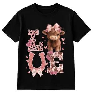 Highland Cow Valentine's Day Shirt Love Heifer Tee Cotton Classic Fit Crew Neck Short Sleeves Casual Wear Womenswear Tshirt Soft Breathable Material