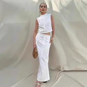 Women's White Cotton-Linen 2-Piece Set, Sleeveless Stand Collar Top with Slit Loose Long Skirt