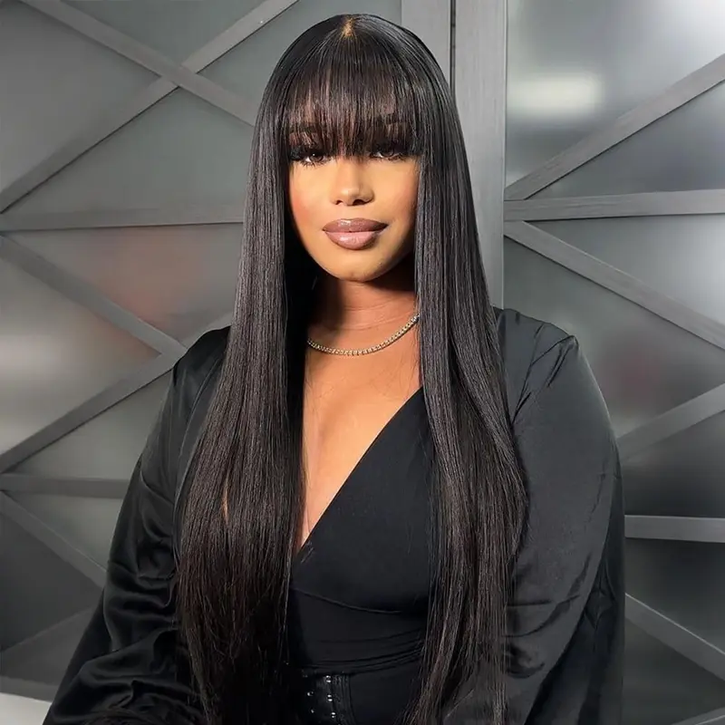 STERLY Glueless Human Hair Wig with Bangs 180% Density 2x4 lace Closure Wigs Middle Part Lace Wig Loose Body Wave Machine Made Wigs for Women Yaki Straight Front Wig Brazilian Hair Wigs HD Transparent Lace Wigs