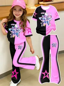 K-Pop Girl Group Style Kids Set, Star Print Short Sleeve + Bell Pants, Sweet Cool Streetwear Two-Piece for Girls