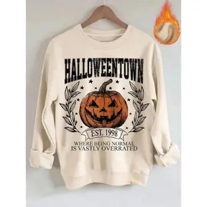 Unisex Halloween Pumpkin Print Fleece Pullover Sweatshirt, Fall Winter Casual Round Neck Top, Party Daily Wear, Warm Fun Holiday Style