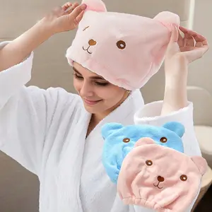 Thick Bear Shape Hair Drying Cap, Soft Absorbent Bath Hat, Cute Embroidered Design, Quick Dry Coral Fleece, Suitable for Curly Long Dense Hair, Hair Turban Towel