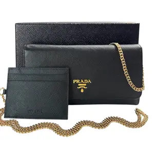 Pre-owned PRADA Leather Crossbody Bags Black Saffiano Wallet/Card Holder with Chain