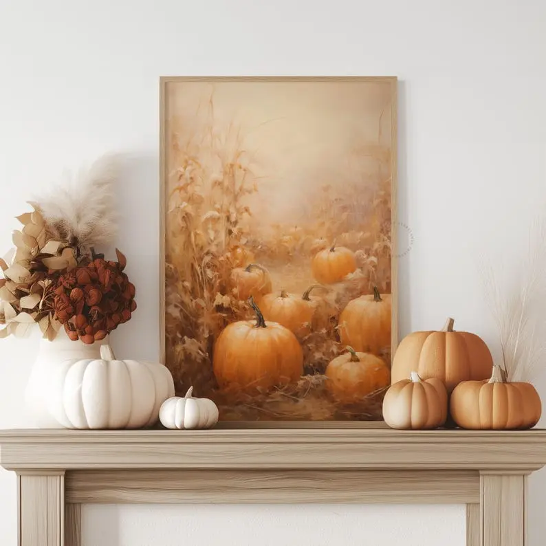 Orange Fall Pumpkin Poster Unframed , Fall Poster Unframed  Vintage Autumn Painting, Halloween or Thanksgiving Poster Unframed  Decor Warm Farmhouse Art Poster Unframed  Decor