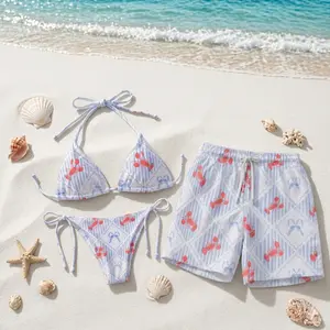 [HOT SUMMER 2026] Lobster Print Matching Couple Swimwear Set – Bikini & Men’s Swim Shorts, Coastal Nautical Beach Vacation Outfit