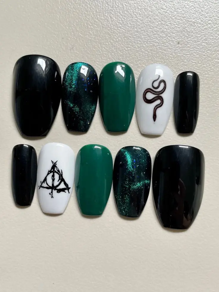 EnSlytherinaru Press On Nails, Green Black Cat Eye Snake EDeathlyne Hallows Short Coffin Nails, Wizard Inspired Handmade Fake Nails with Nail Kit | Free Adhesive Tabs Nail File & Cuticle Stick