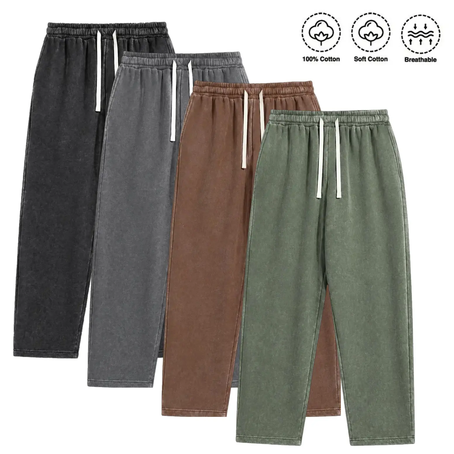 Menswear Plain Acid-Wash Cotton Fleece Sweatpants, Breathable Soft Straight-Leg Long Pants with Water-Washed Finish, Baggy Wide Campus Look Autumn-Winter Cold Season Athleisure Pants