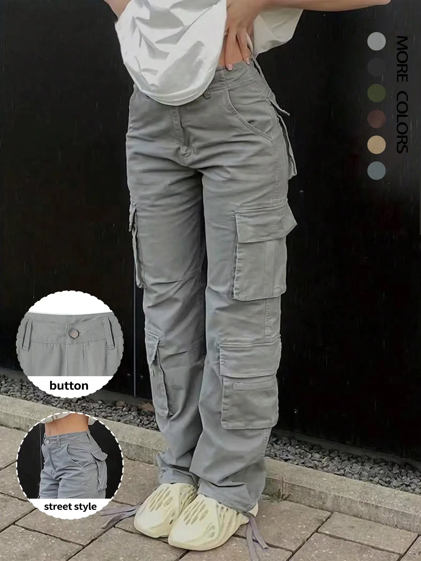 Women's Plain Flap Pocket Cargo Pants, Streetwear Casual Wide Leg Trousers For Daily Wear, Ladies Fall Bottoms