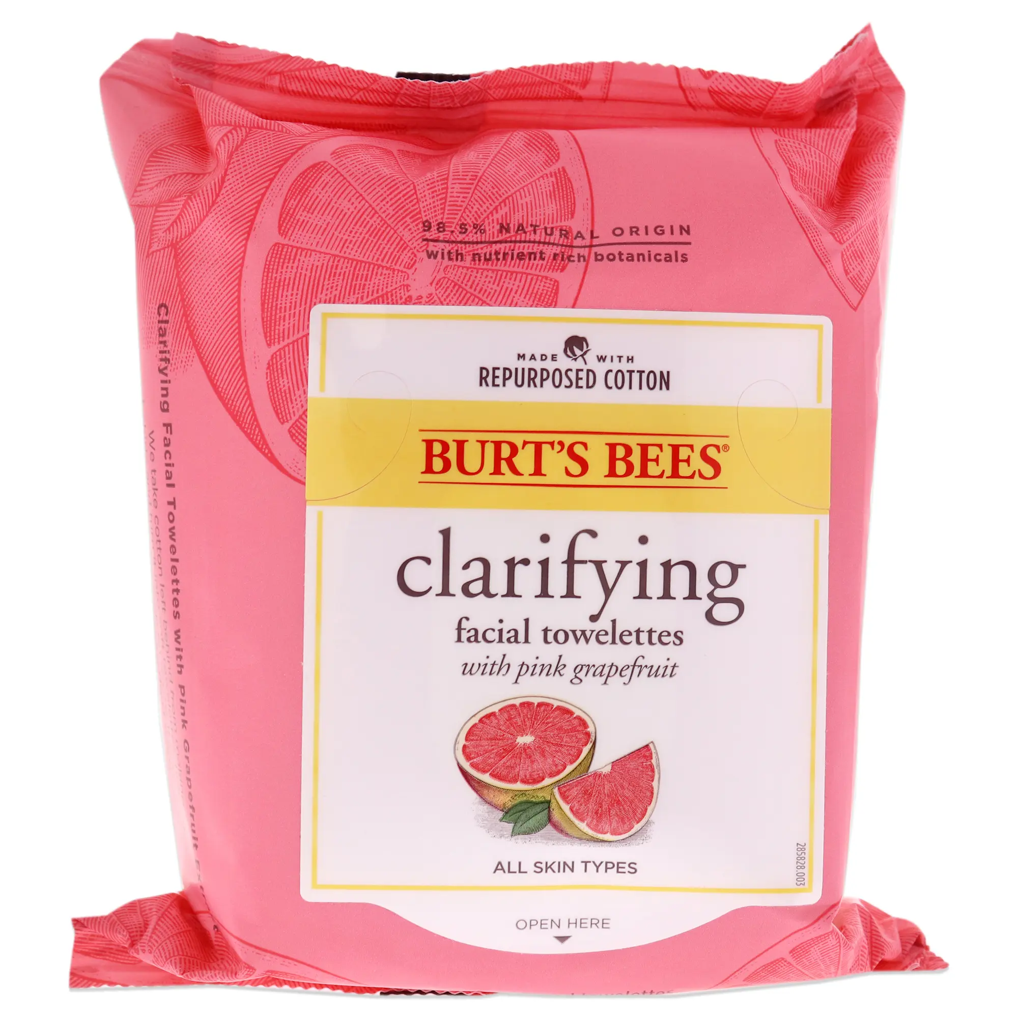 Burt's Bees Eco-Friendly Facial Cleansing Towelettes - Pink Grapefruit, Gentle Cleanse for Unisex All Skins, 30 Pieces On-The-Go Wipes