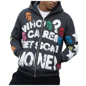 Who Cares Get Some Money Chenille Patch Zip Up Hoodie Vintage Washed Letter Print Gothic Y2K Streetwear Unisex Oversized Long Sleeve Casual Street Fashion Hooded Sweatshirt For Men Women