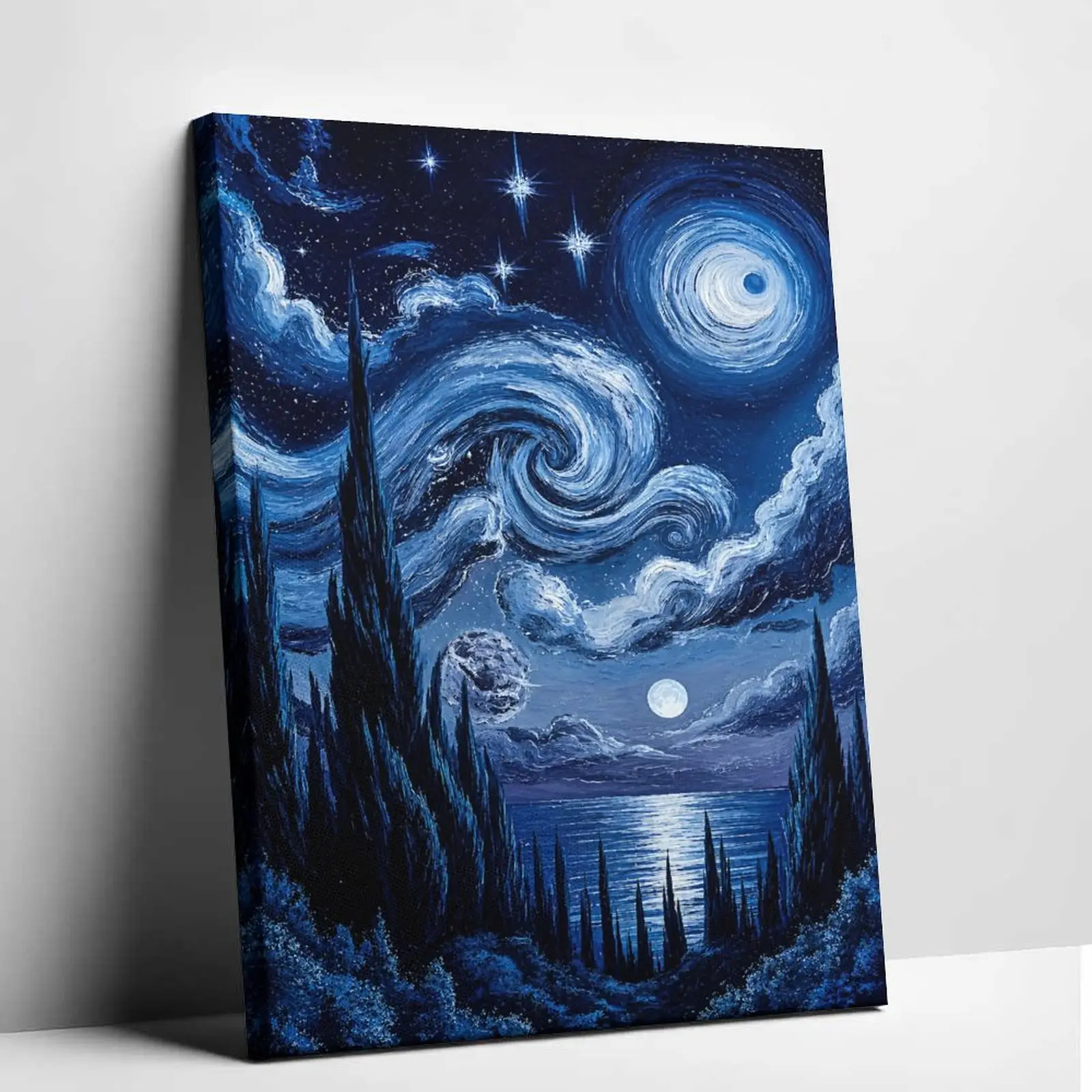 Van Gogh Starry Night Canvas Wall Art Ocean Landscape Poster Print Vintage Impasto Oil Painting Style Canvas Painting Deep Blue Celestial Picture Decor for Living Room Bedroom Studio