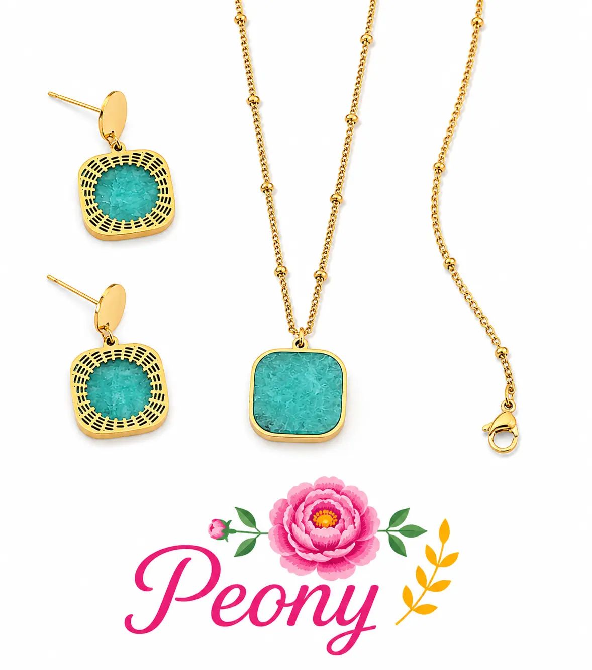 N123- 316L Stainless Steel Necklace with natural Stone TURQUOISE!