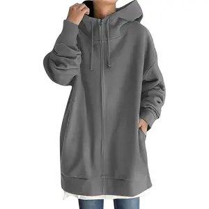 Women’s zip-up oversized long-sleeve fall hooded sweatshirt/fleece jacket coat with pockets