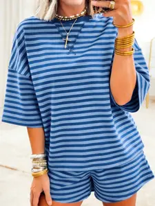 Casual Summer 2 Piece Outfits Sets, Stylish Striped Short Sleeve Top & Matching Shorts, 100% Cotton Comfort