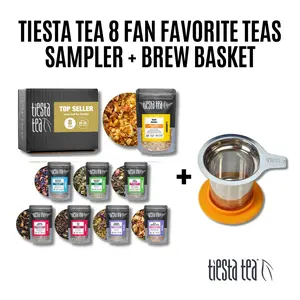 Tiesta Tea 8 Fan Favorite Teas Sampler w/ Brew Basket -  8 Loose Sample Pouches, Up to 80 Cups, High to No Caffeine, Ultra Fine Mesh, Dual Lid Coaster