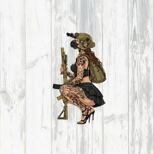 Tactical Tattooed Girl Vinyl Sticker – Sniper Pose with Night Vision Helmet & Rifle