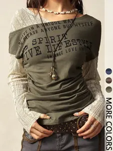 Letter Print Faux Two-Piece Long Sleeve Fitted T-Shirt, American Vintage Style, Casual Daily Wear, Street Fashion, Streetwear, Men's Clothing