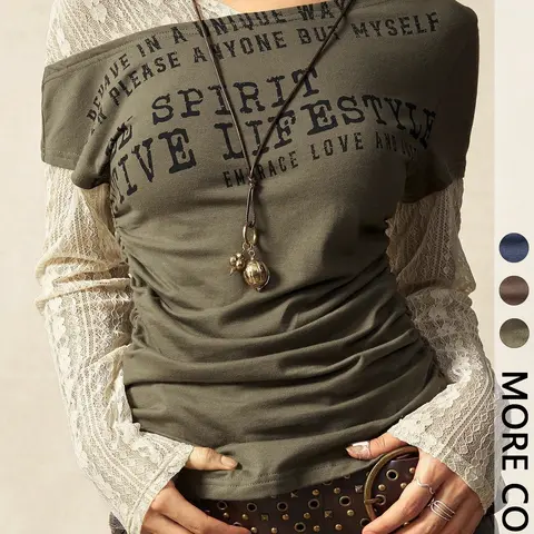 Letter Print Faux Two-Piece Long-Sleeve Fitted T-Shirt, American Vintage Style, Casual Daily Wear, Men's Clothing, Top