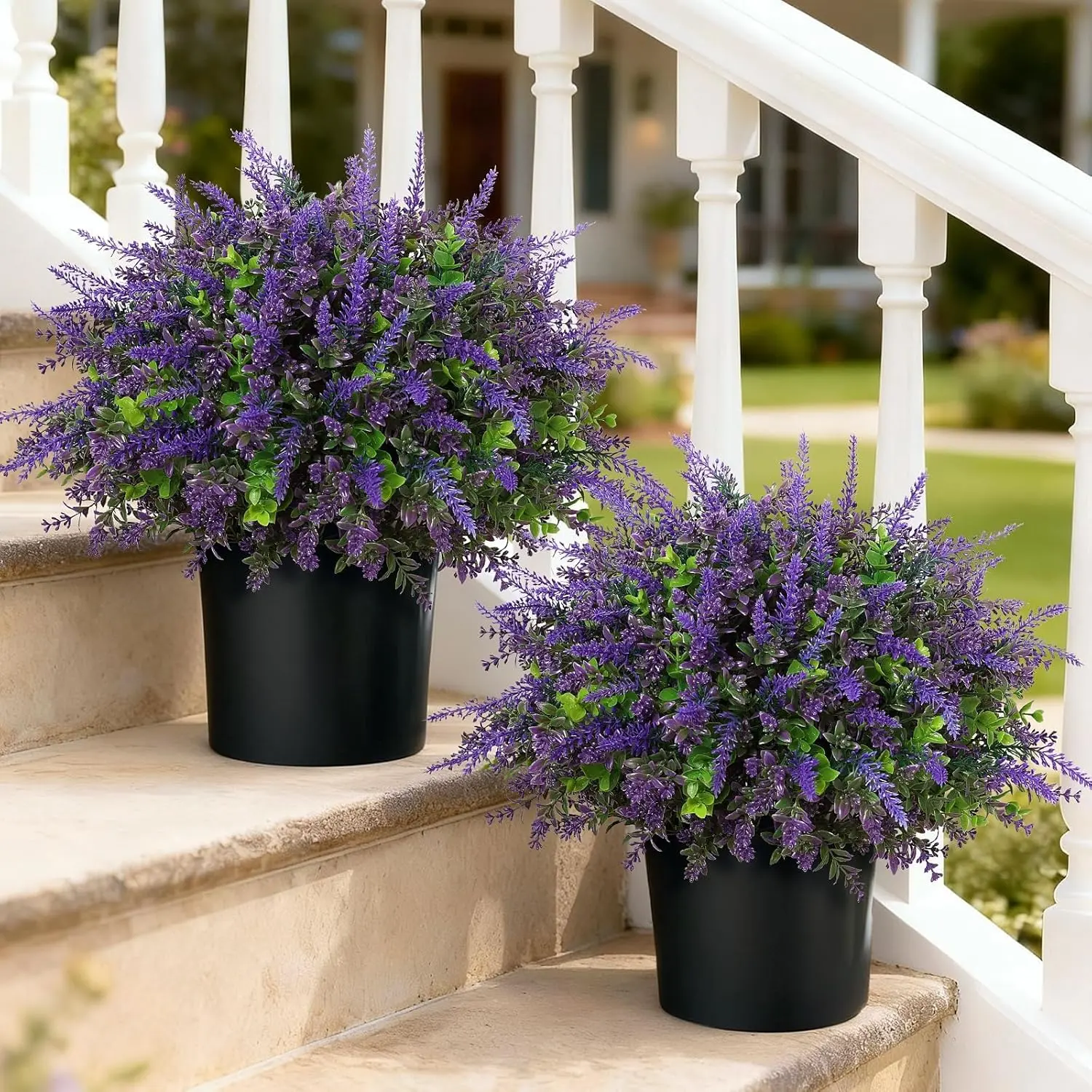 2-Set Decorative UV-Resistant Eucalyptus & Lavender Artificial Topiary Trees, Chic Farmhouse Potted Synthetic Plants for Front Door, Porch Garden Outdoor Home Use