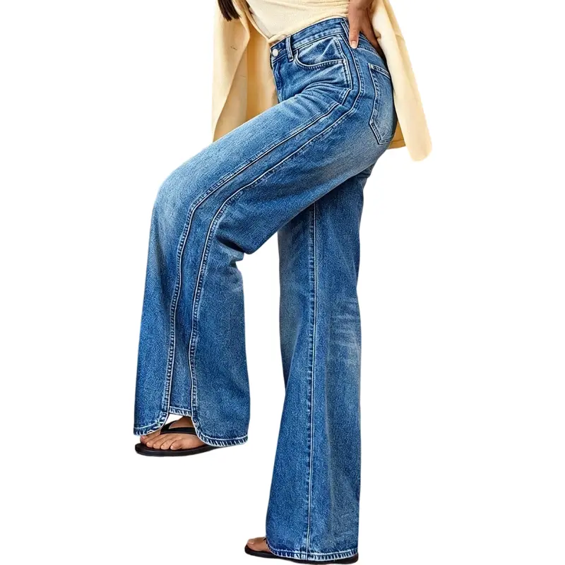Flamingals Wash Seam Side Split Hem High Rise Wide Leg Jeans Stretchy 30.1'' Inseam