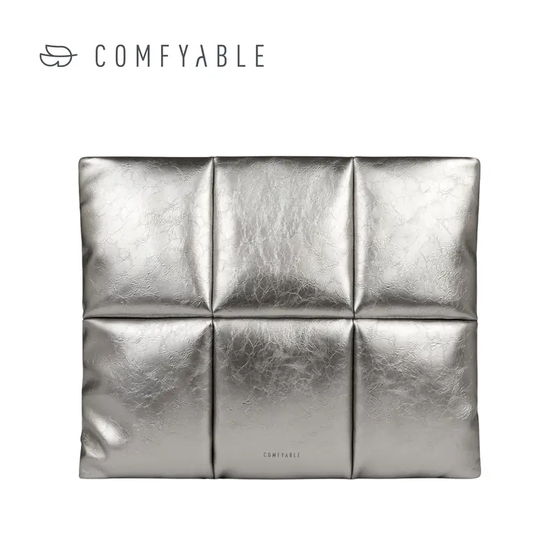 COMFYABLE Puffy Laptop Sleeve 13-16" MacBook Pro Magnetic Closure for Students & Daily Commuting, Waterproof Silver PU Leather Pillow Design Carrying Case with Inner Pocket, Soft Fleece Lined for Air/Pro/Neo Protection