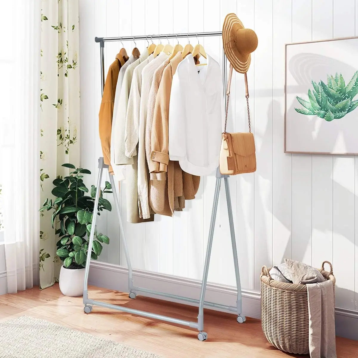 Vallmore Extendable Foldable Garment Rack with Adjustable Height Rolling Clothes Hanger for Home Laundry Bedroom Lightweight Water Proof
